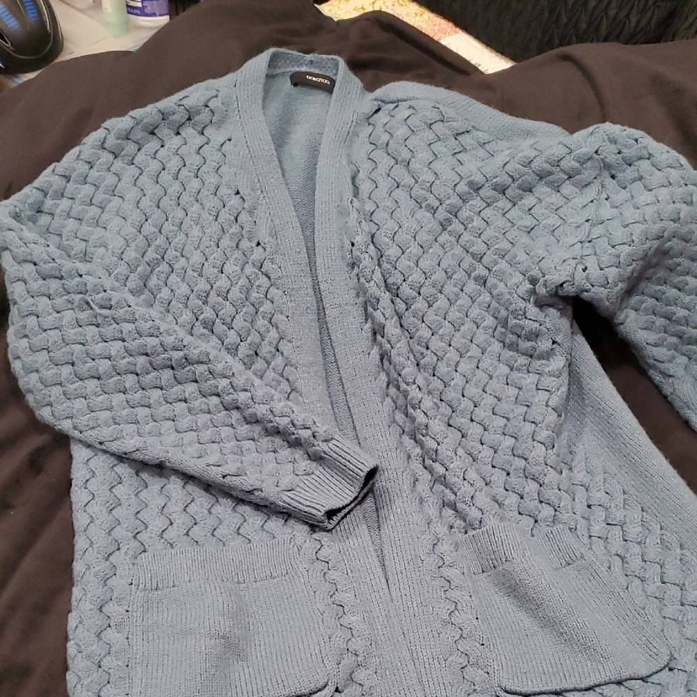 Light Blue Textured Open-Front Cardigan Sweater